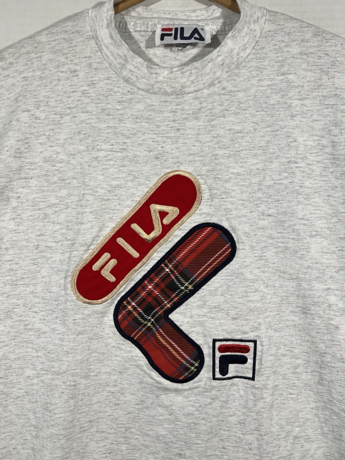 VINTAGE FILA T Shirt girocollo maglietta a quadri ricamo punto singolo taglia large USA