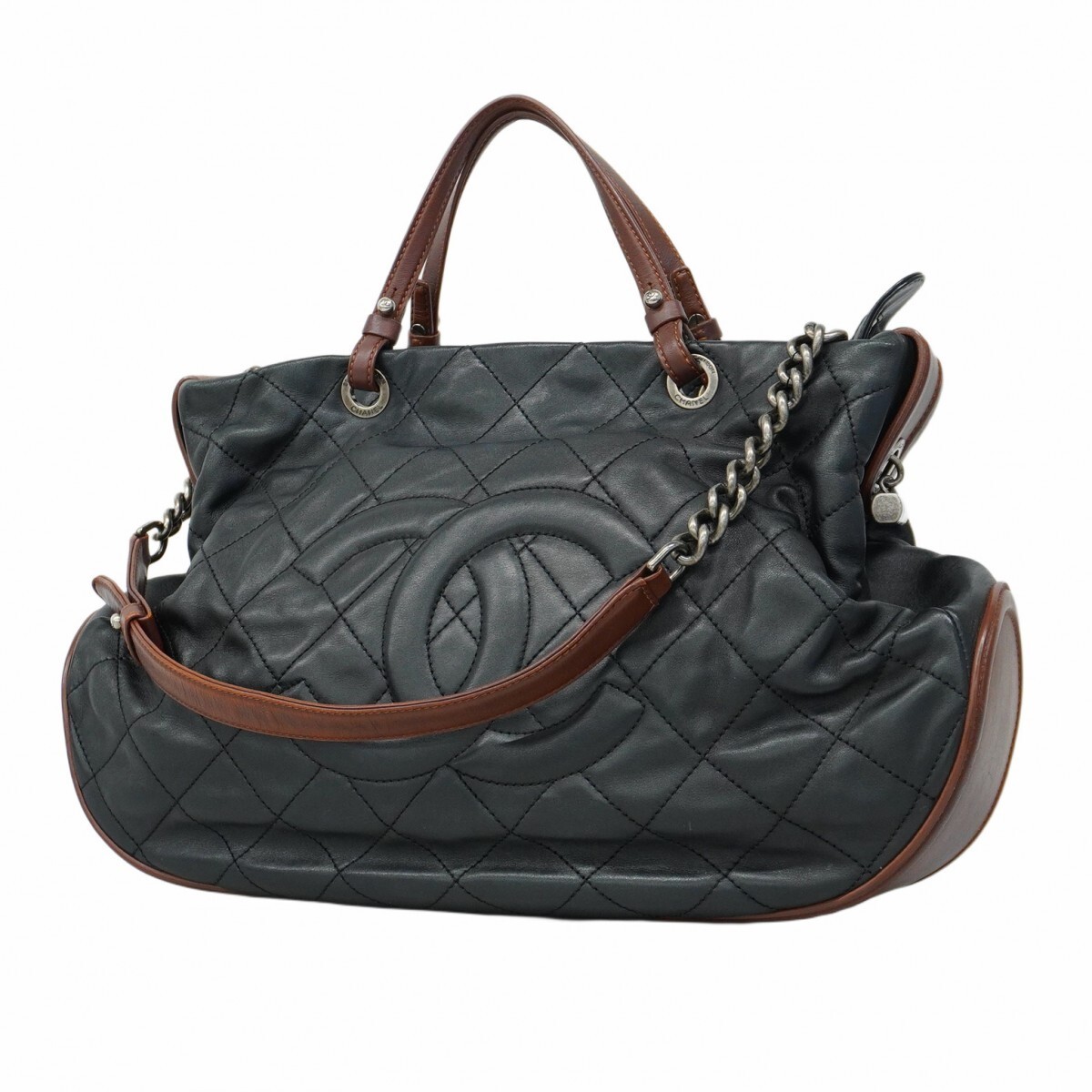 CHANEL 5gb1247 Matelassé Lambskin Tote Bag Black Brown Silver Hardware Pre-Owned