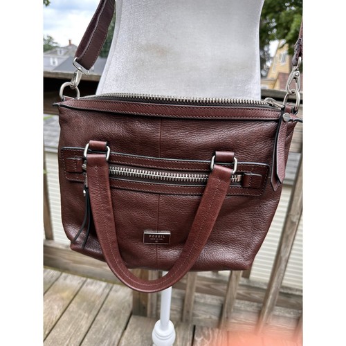 Fossil Dawson Brown Pebbled Leather Satchel Crossbody Bag