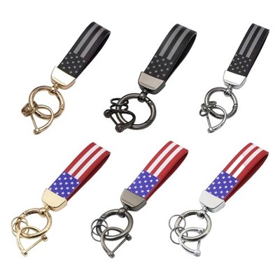 Textured Leather Keychain Metal Spring Clip Flag Themed Key Holder Keychain