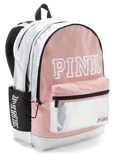 Victoria's Secret PINK Metallic Iridescent Silver Logo Campus Full Size Backpack - Picture 2 of 4