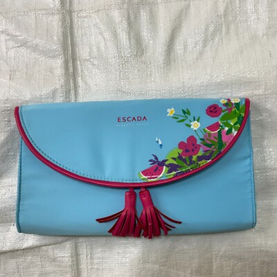 ESCADA Sorbetto Rosso Clutch Satin Bag Floral Light Blue Size 9.5x5.5