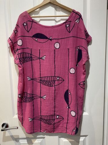 Made in Italy rosa Fischdruck Midi-Kleid Einheitsgröße Baumwolle Lagenlook 12 14 16