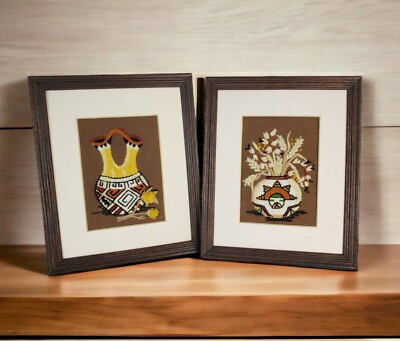 Vintage Native Pottery Wheat Crewel Complete Framed Sunset Designs #2288 Set