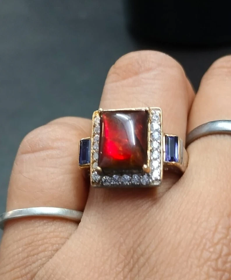 Anillo Rectángulo Rojo Ammolita Plata 925 Circón Cianita Piedras Preciosas Joyería de Navidad Foto 2 de 4