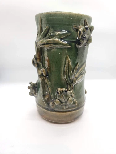 Vintage Signed Studio Art Pottery Green Vase Bamboo with Frogs
