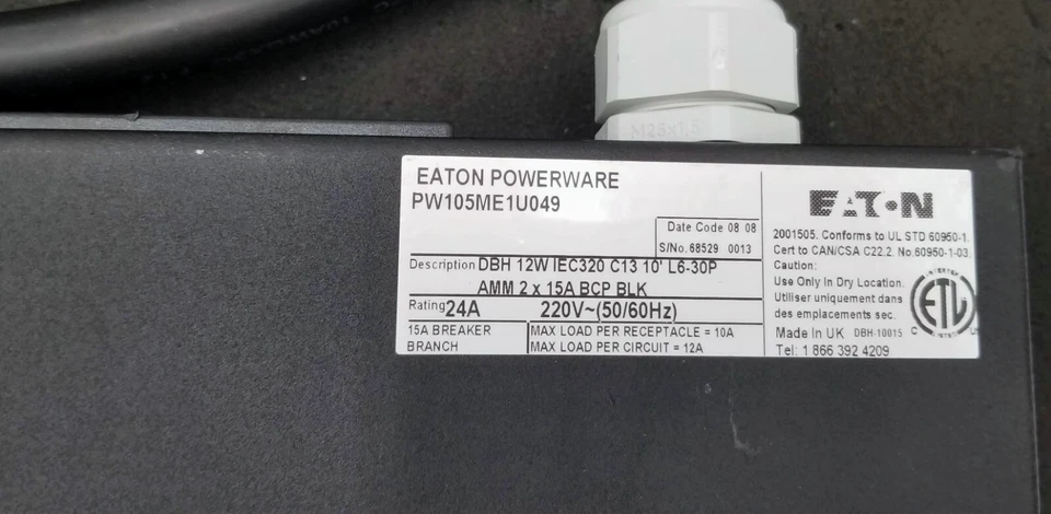 Eaton PowerWare DBH 12W IEC320 c13 10' L6-30P AMM 2 X 15A BCP BLK PW105ME1U049 - Image 4 of 4