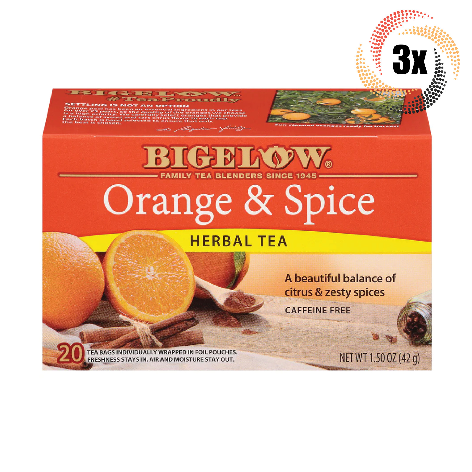 3 упаковки травяного чая Bigelow Orange - Spice Herbal Tea по 20 пакетиков в коробке 150 унции 4690₽