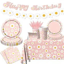 142PCS Daisy Birthday Party Tableware Set,Pink Groovy Daisy Flower Supplies I...
