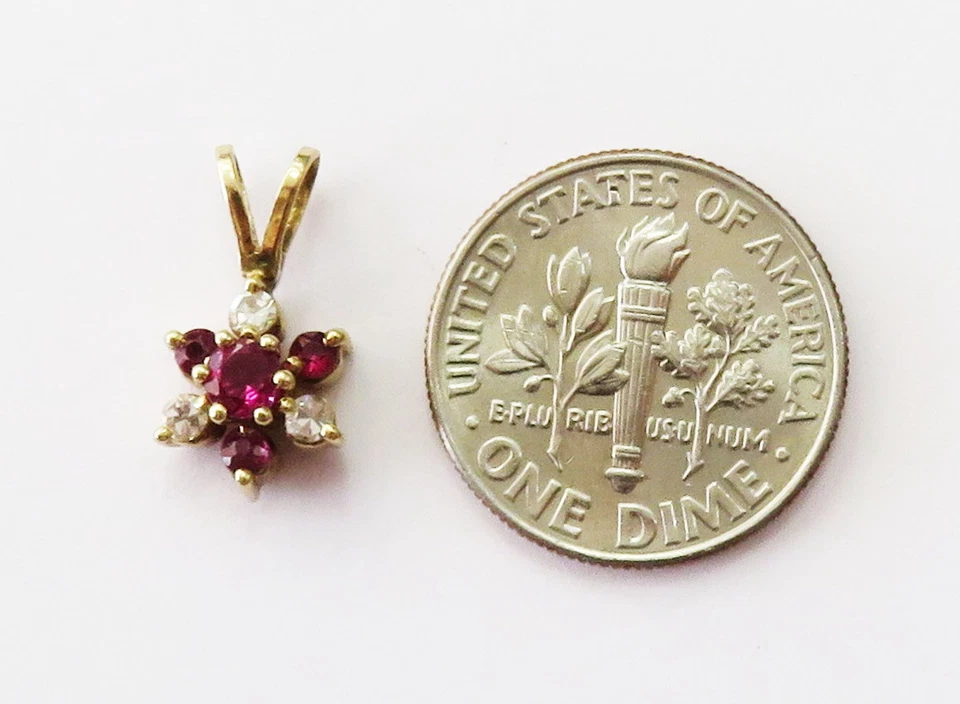 14k Yellow Gold Ruby and Diamond Cluster Charm Necklace Pendant ~ 1.0g - Image 4 of 4