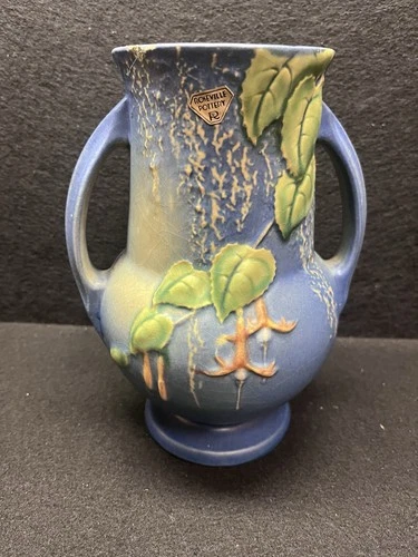 Roseville Fuchsia Blue Handled Vase Embossed Flowers 8 1/2”