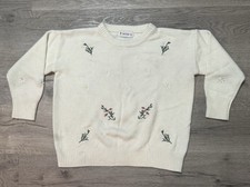 Free Valley Knit Sweater Flower Daisy Embroidered M L White Crew Neck