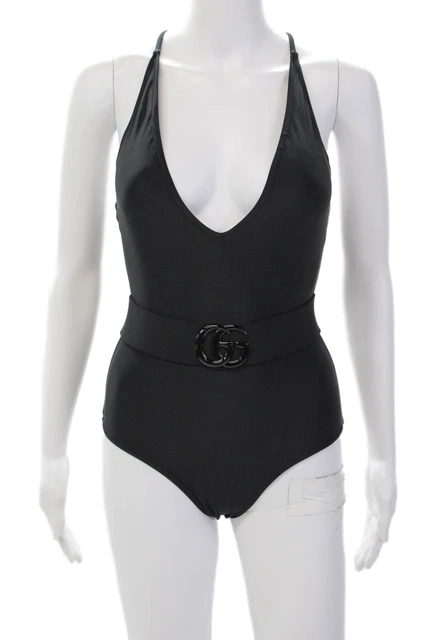Gucci Women's V-Neck Spaghetti Straps Belted Swimsuit Black Size S