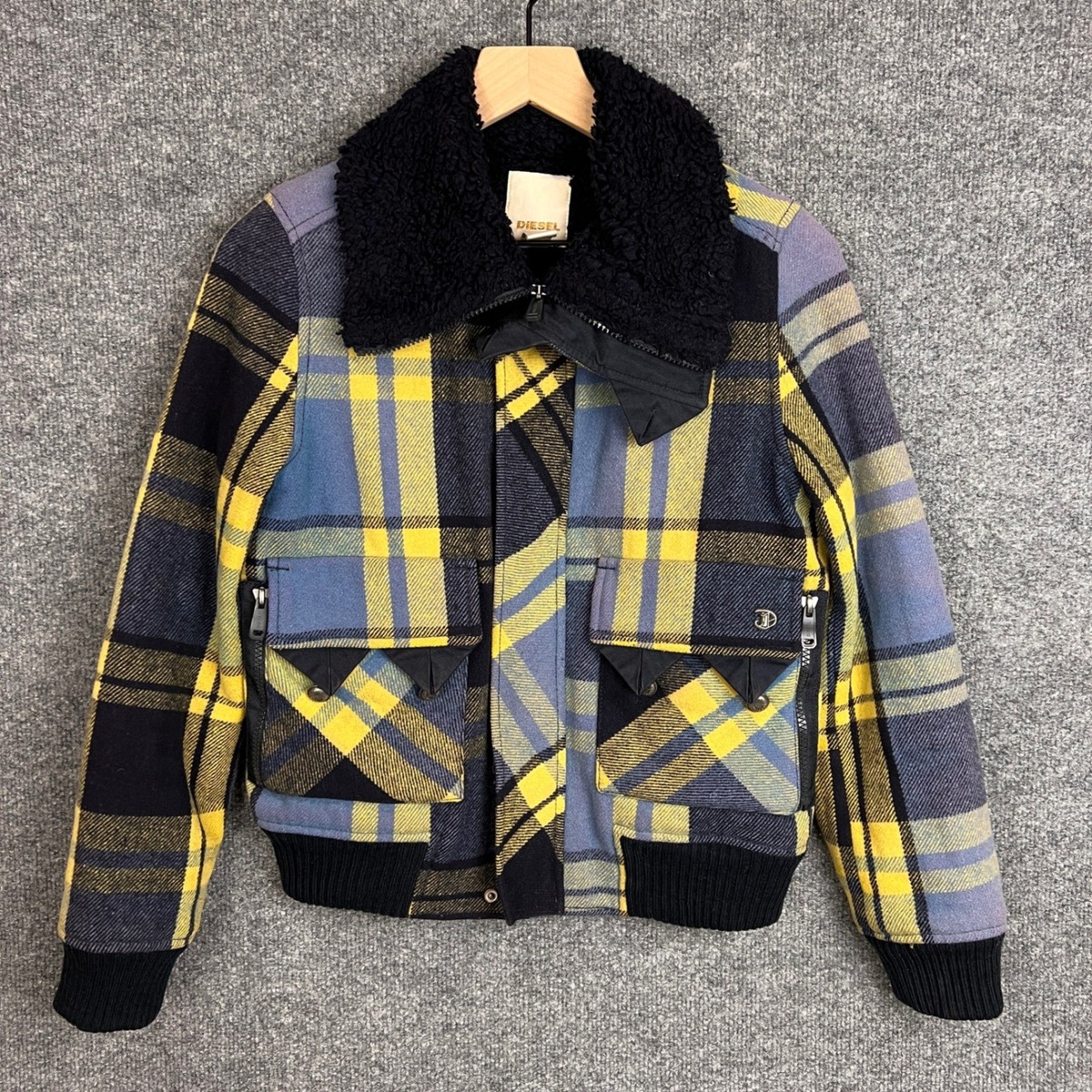 Y2K Diesel Plaid Wool Tartan Plaid Sherpa Jacket Collar and Zipper 