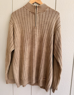 IZOD Jeans Men's Tan Rib-Knit Mock Neck 1/4 Zip Cotton Sweater L