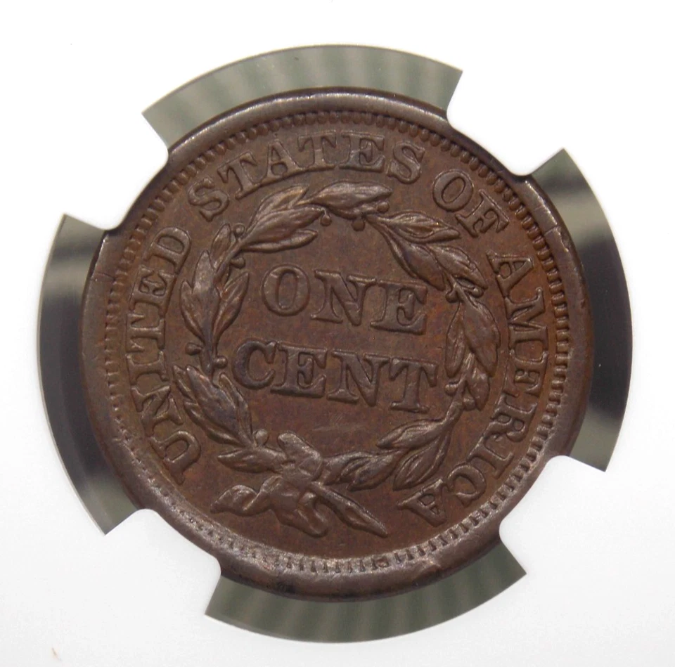 1857 Braided Hair Large Cent *SMALL DATE* 1c NGC AU58 BN CAC #003 About Unc - Image 2 of 4