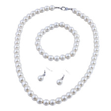3 Piece Pearl Bead Jewelry Set - White Pearl Necklace, Bracelet Earrings 714