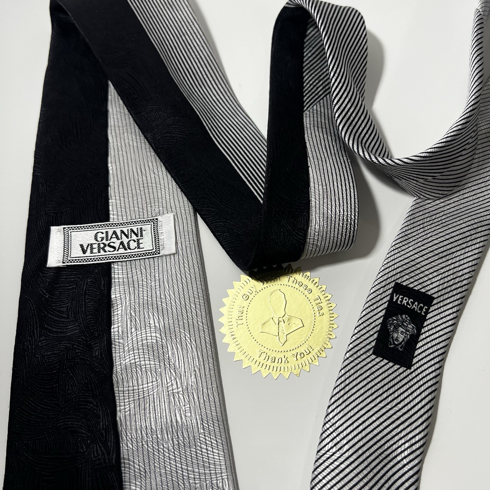 VERSACE Black&Silver Split Pattern Silk Luxury Ti… - image 7