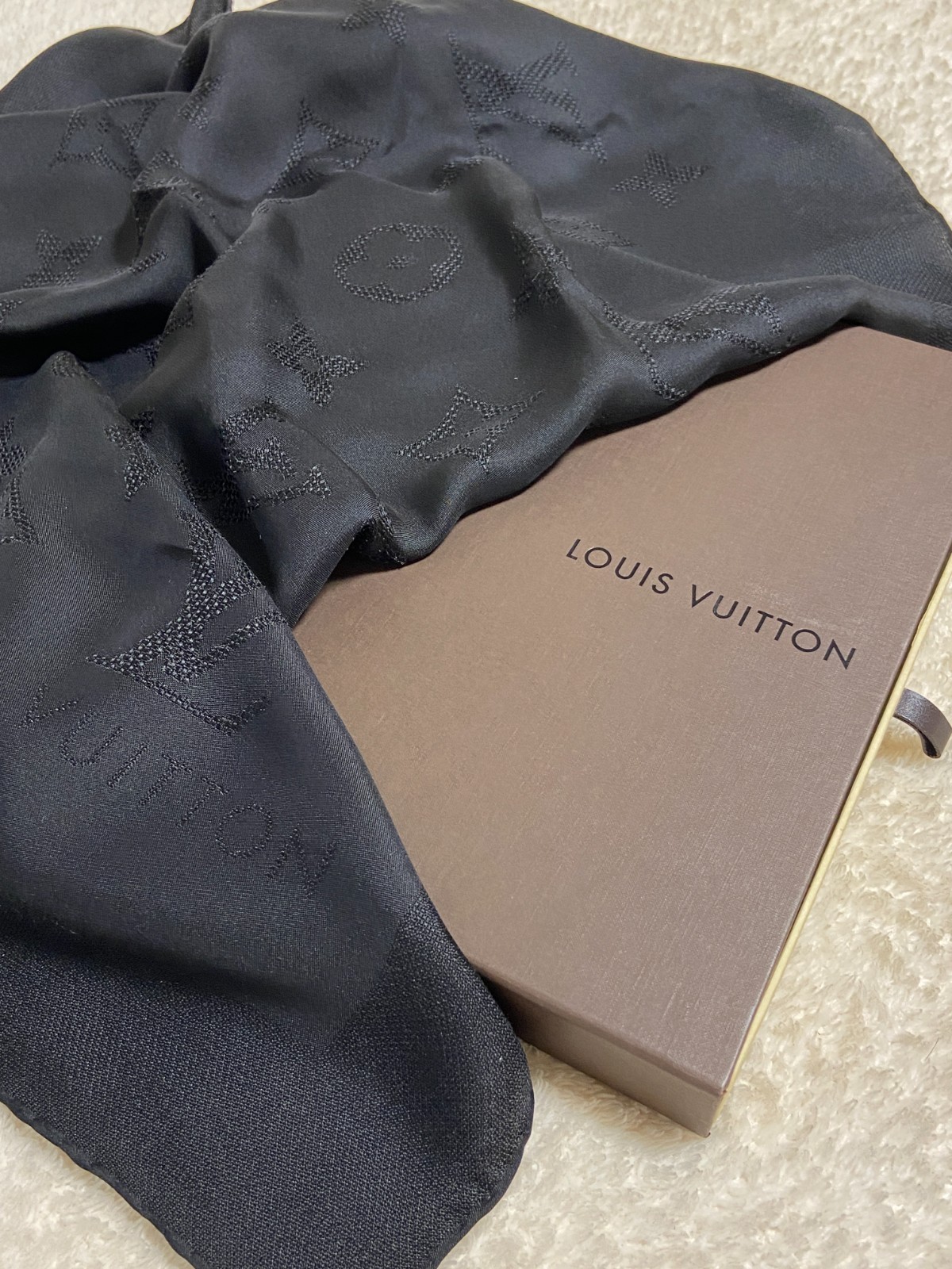 LOUIS VUITTON Silk Scarf 27in Monogram Logo Jacquard Black w/B Italy