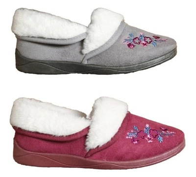 County Classics Damen-Hausschuhe mit Blumenstickerei 4-Wege weiches Kunstfellfutter