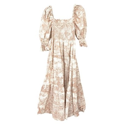 Nothing Fits But Kiko Midi Dress Womens Sz Large Pink Cream Toile Print Smocked | eBay Nothing Fits But Kiko Midi Dress Womens Sz Large Pink Cream Toile Print Smocked | eBay