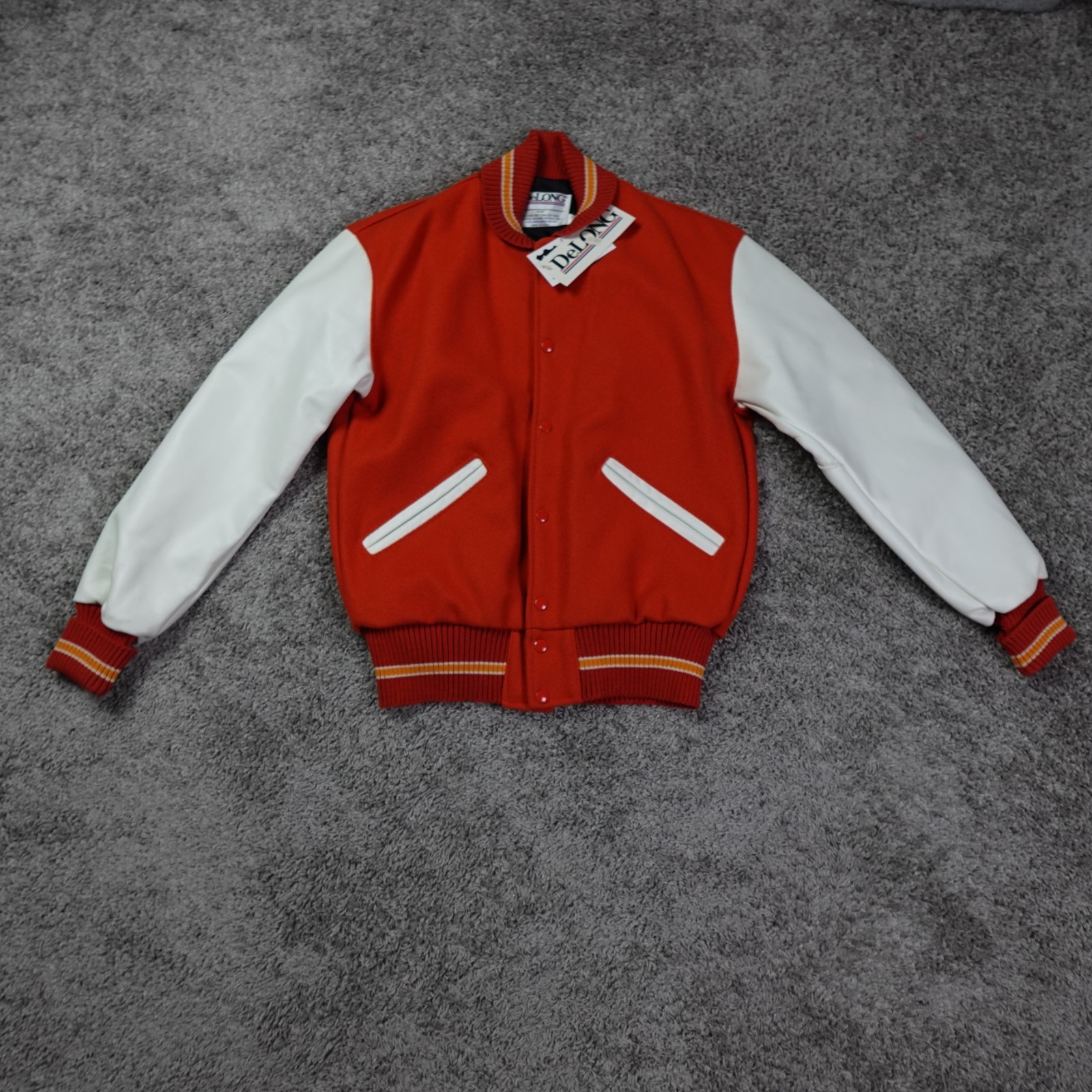 DeLong Varsity Jacket Mens Small Wool Leather Blank Quilted Orange New With Tags