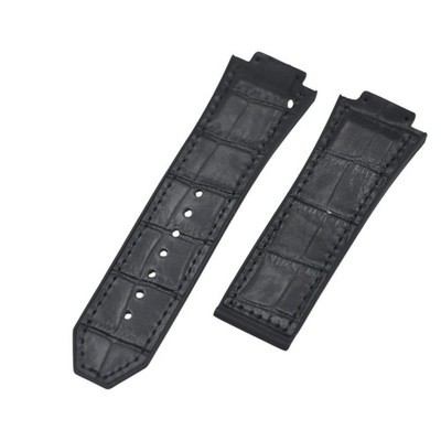 King Power Crocodile Grain Black Leather Plated Rubber Watch Strap For Hublot