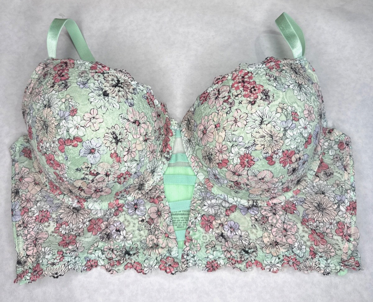 Corset Style Push Up Bra 42D Mint Green Floral Lace Underwire-image