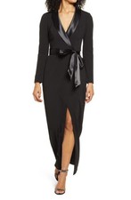 Eliza J Long Sleeve Tuxedo Gown in Black, Size 8