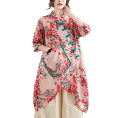 Damen Long Shirt chinesische Bluse Top unregelmäßig große Tasche Blumen Frosch Knopf locker