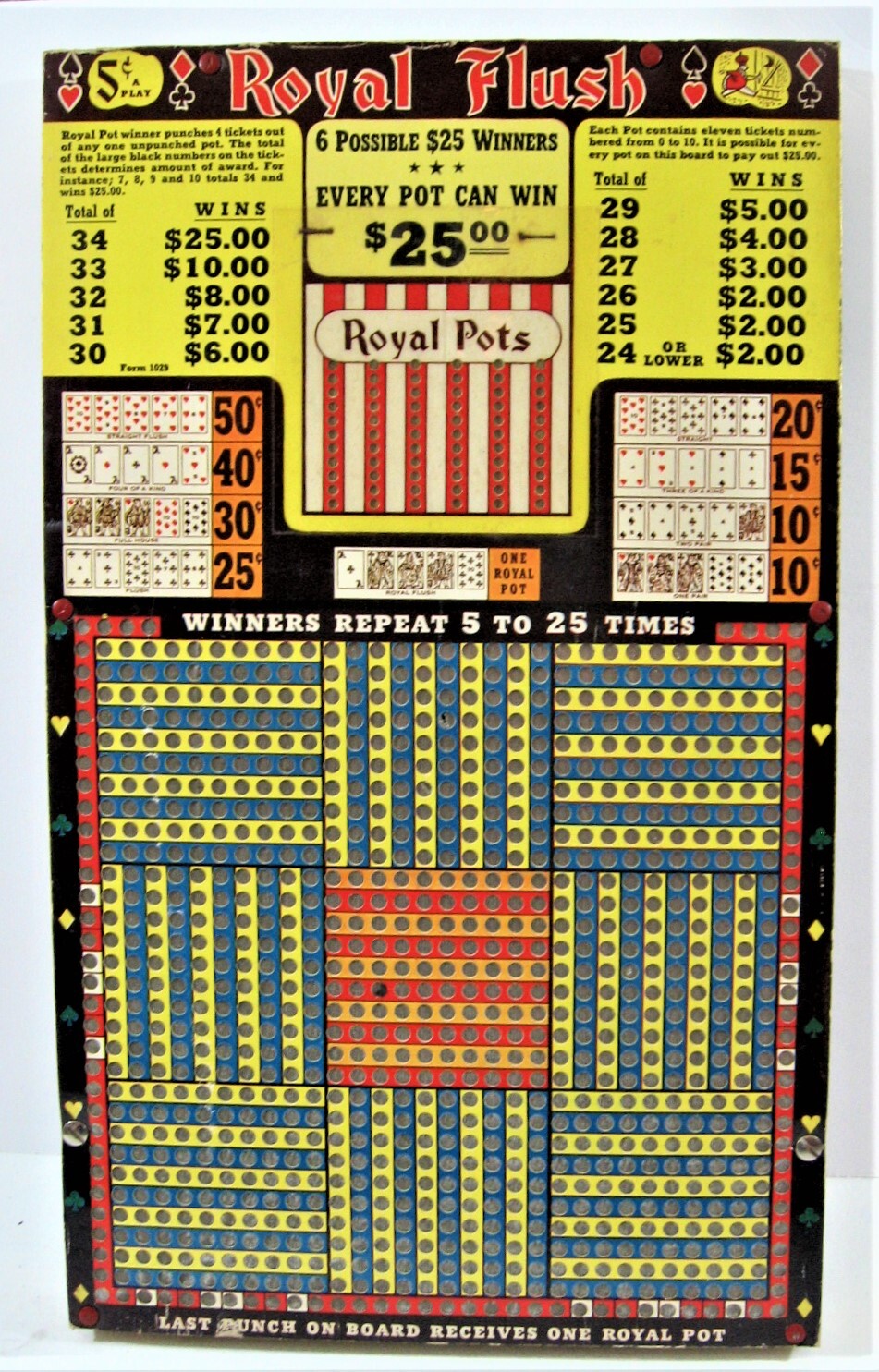 Vintage Royal Flush Lge Colorful 5 Ct Punch Board Gambling Unused Old ...