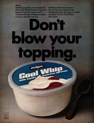 1968 Cool Whip Vintage Print Ad Birdseye Don't Blow Your Topping