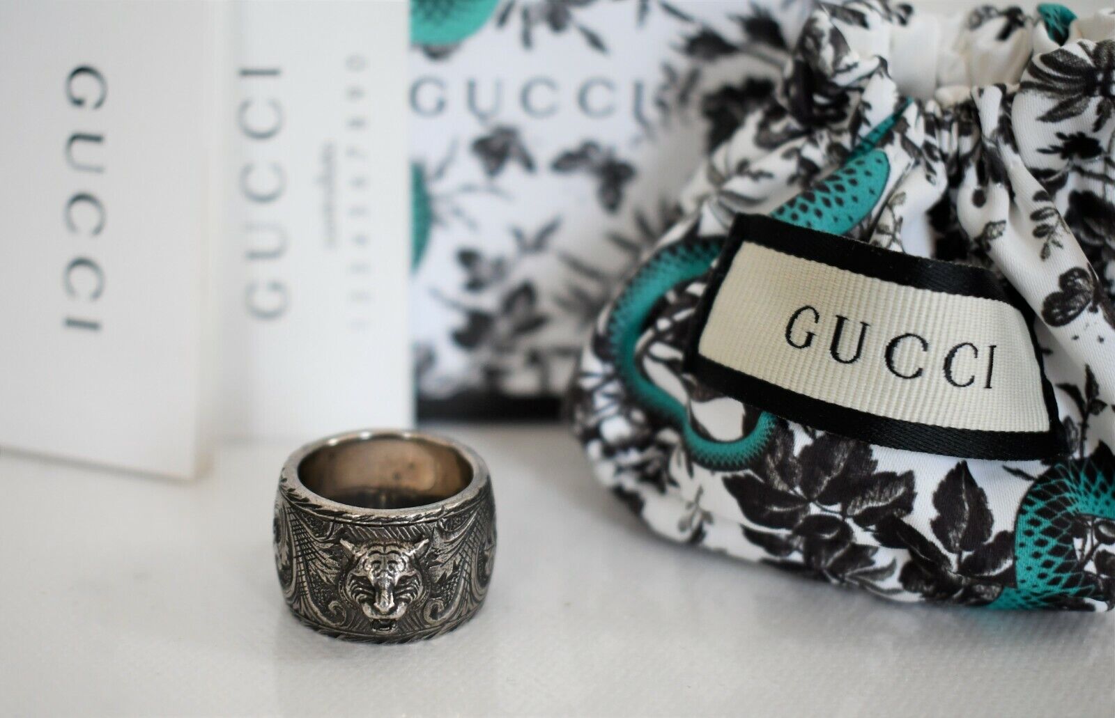 🆕️ GUCCI FELINE HEAD AGED .925 STERLING Silver WIDE BAND Ring IT