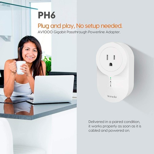Tenda PH6 AV1000 Gigabit Passthrough Powerline Ethernet Adapter Kit Homeplug AV2 - Picture 4 of 11