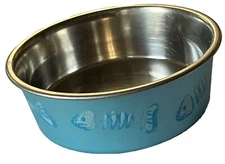 Pet Cat Dog Dish Stainless Steel Metal Food Water Bowl FISH BONE Blue Dishwasher