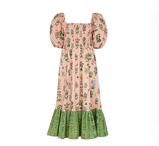 Rhode Eloise Smocked Midi Dress Womens XS Pink Green Puff Sleeve Floral Cotton