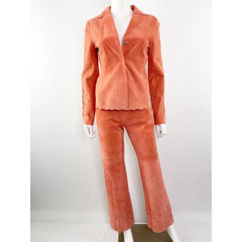 Vintage BCBGMAXAZRIA Coral Pink Leather Suit Suede XS Jacket & Pants Laser Cut - Picture 2 of 14