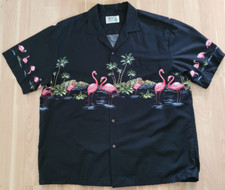 KY's Hawaiian Shirt Mens XL Black Floral Flamingoes Cotton Made in USA Vacation