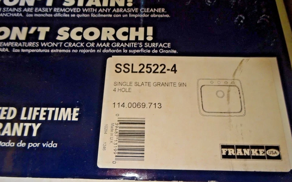 FRANKE GRANITE SSL2523-4 Fregadero de cocina de granito de un solo cuenco de montaje 26" X 22" Foto 3 de 3