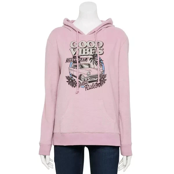 Juniors' GM Chevrolet Good Vibes Vintage Old Car Graphic Hoodie Pink NWT Sz.XL