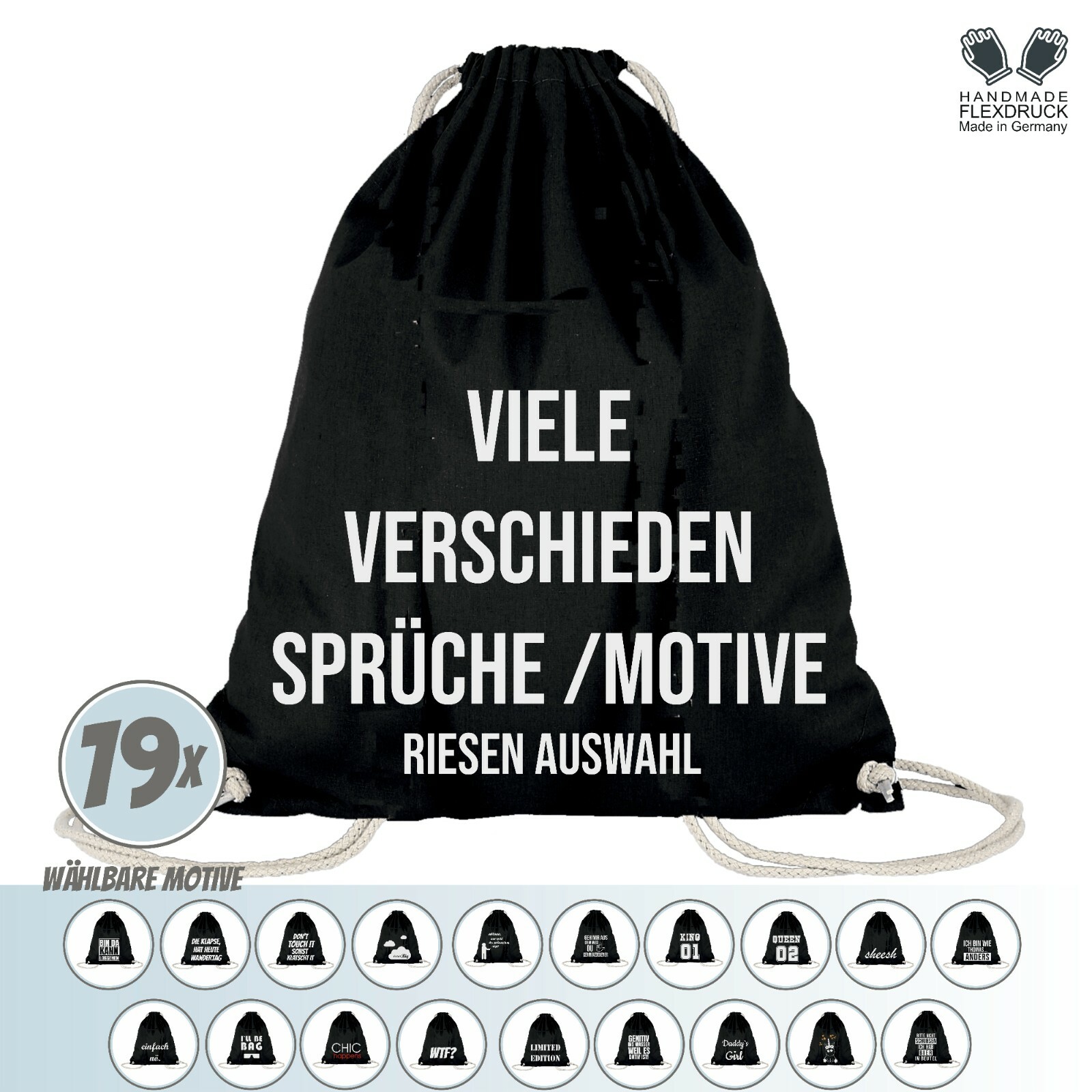 Baumwoll Turnbeutel Sportbeutel Zuziehbeutel Gymsack Sack Motive Jute Schule