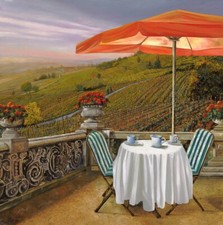 ceramic tile mural backsplash medallion. Coffee in Tuscany vineyard terrace
