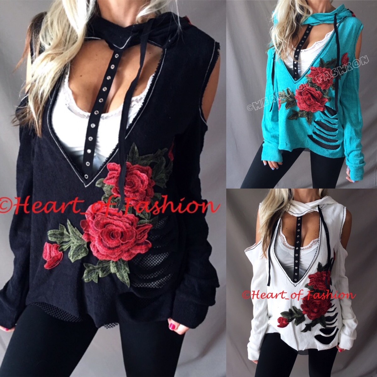 Cold Shoulder Distressed Slashed Cutout Loose Biker Hoodie