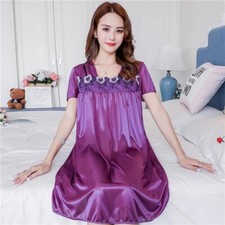 Women Floral Satin Nightdress Short Sleeve Lace Nightgown Nightwear Pyjamas