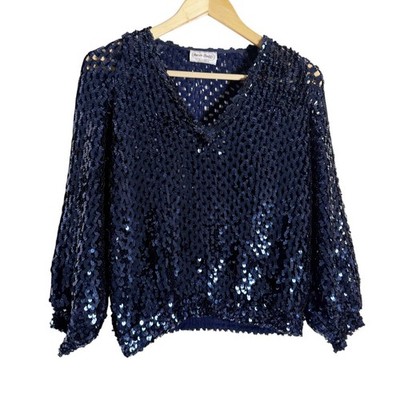 Vintage Three Flaggs Navy Sequin Embellished Crochet V-Neck Pullover Size Small