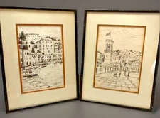 VTG Art Signed Framed Black White Art Print Deco Regency Pair Set 2 Gallery Wall