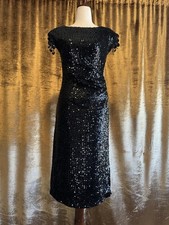 Vintage Merve Facette Sequined Dress Black Beaded Fringe, Sz Small, 4
