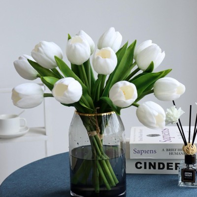 White&Green Tulip Flowers Artificial Luxury Big Tulip Valentine's Day Mother'...