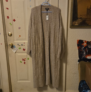 Express Cable-Knit Long Cardigan Sweater Beige XL with Pockets