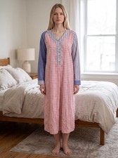 Vintage handsewn nightgown cotton colorblock striped check preppy v-neck